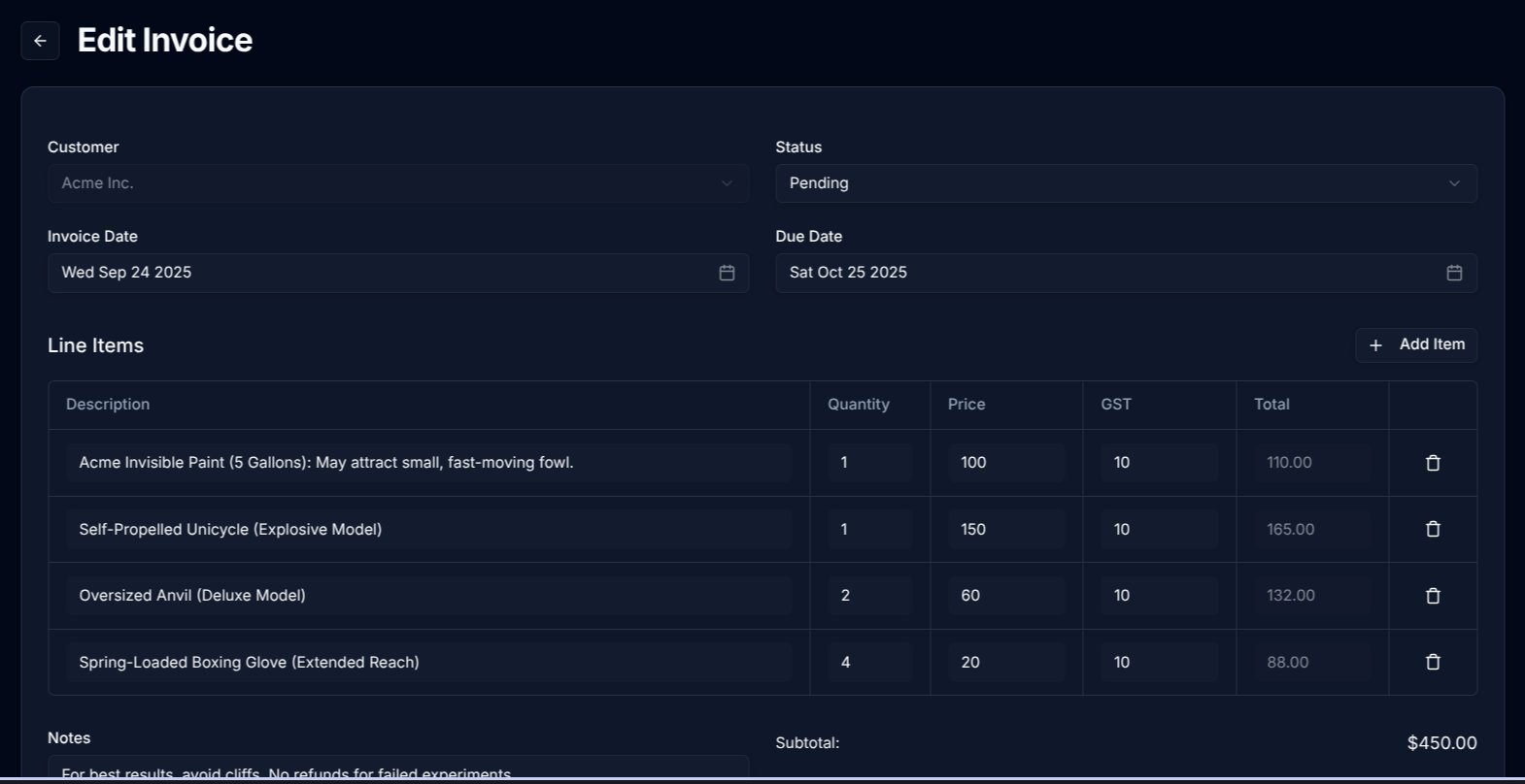 Invoice editing interface with line items and customer details