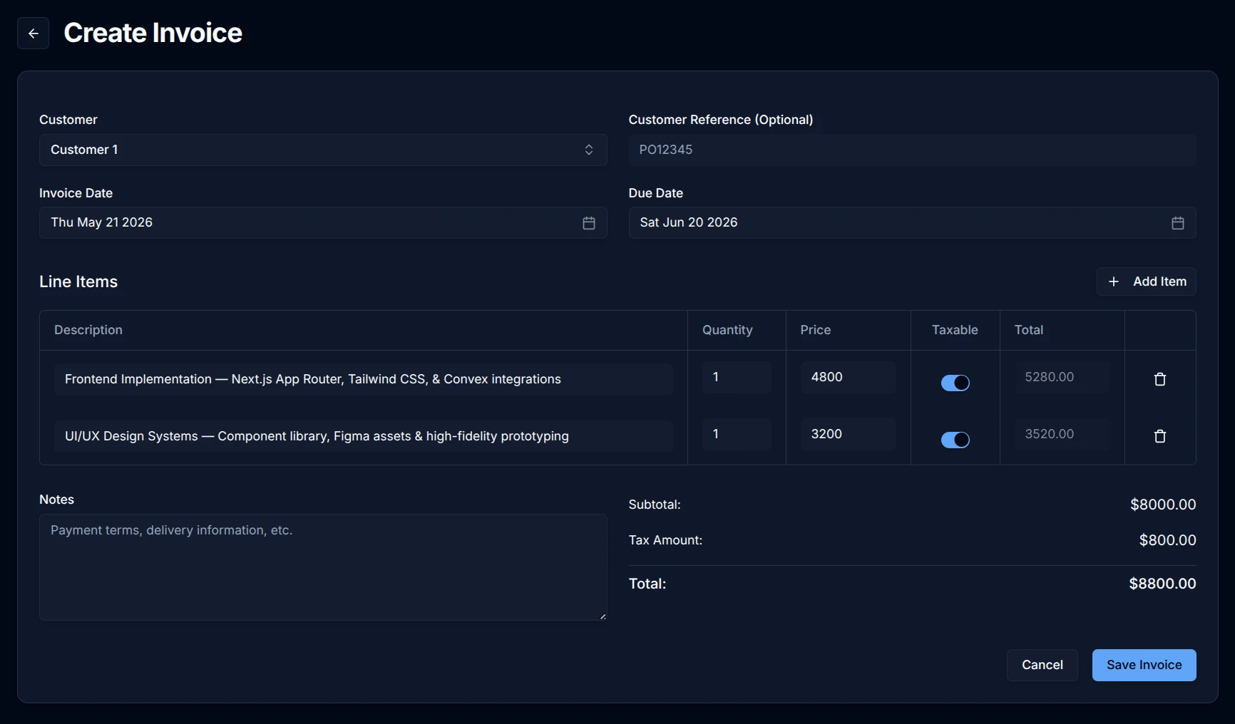 Kite Invoice Editor Interface