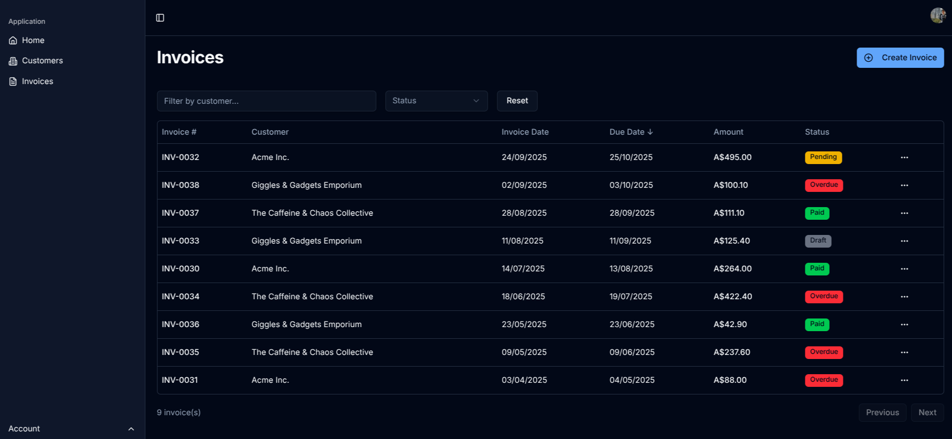 Kite Invoicing Dashboard showing invoice list with status tracking